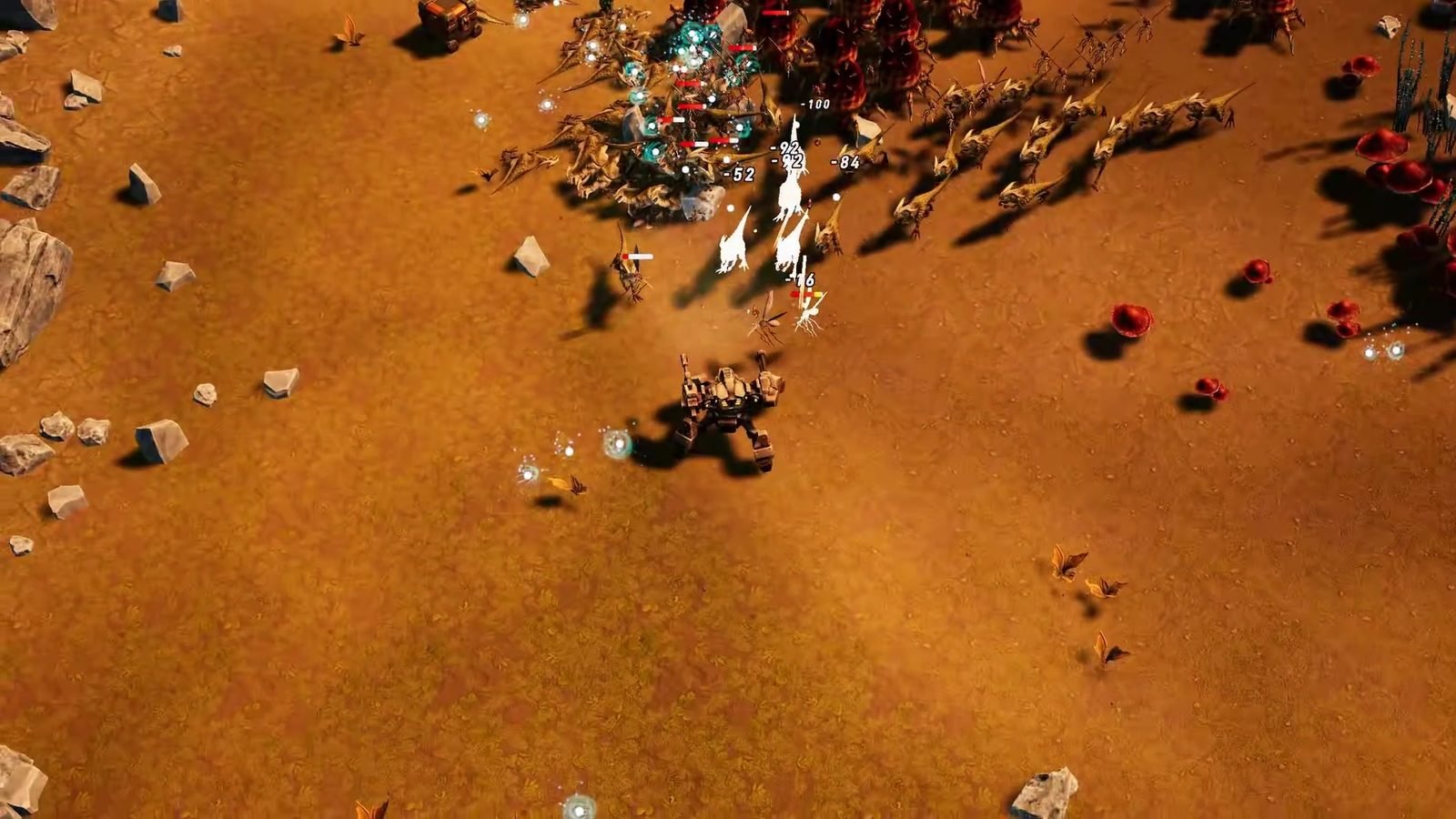 A mech holding its ground as a horde pours in across the desert